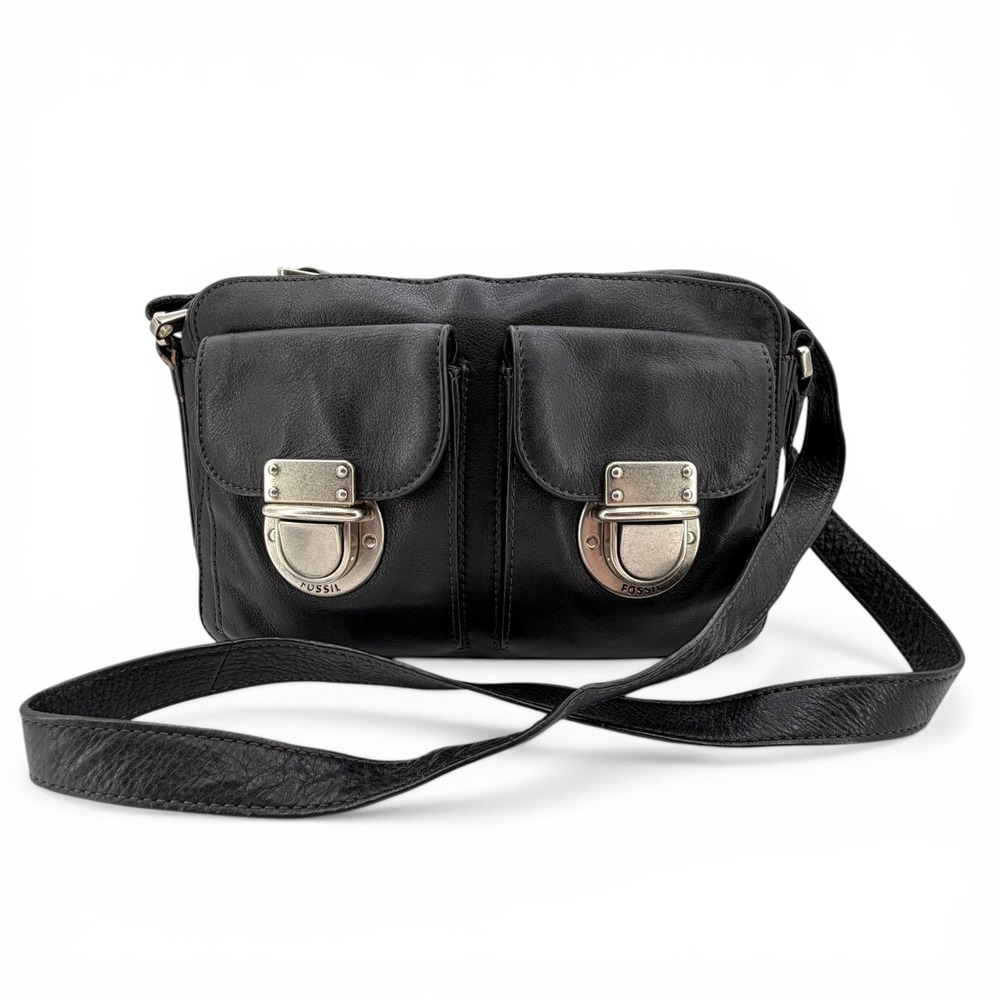 Fossil Riley Genuine Leather Black & Silver Push Lock Crossbody Shoulder‎ Bag